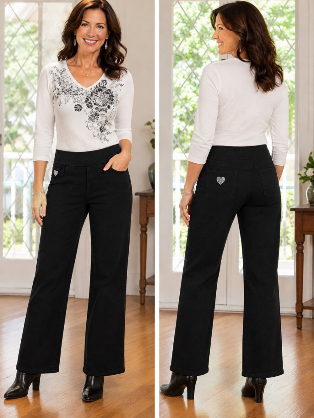 🖤Quacker Factory DreamJeannes Black Pull-On Rhinestone Heart Pants S